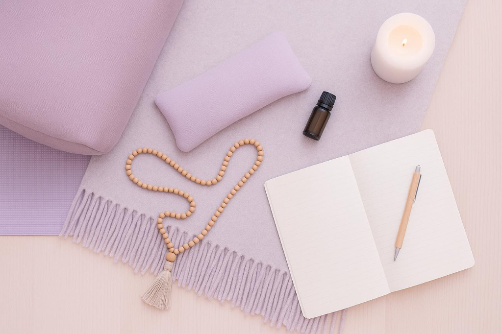 A peaceful meditation and journaling space prepared for a therapy session